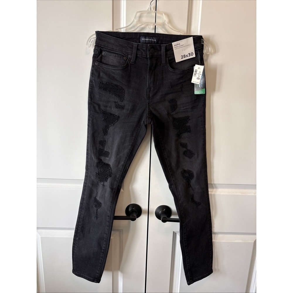 Aeropostale Super Skinny Womens Jeans Black Distressed Stretch Denim 28x30